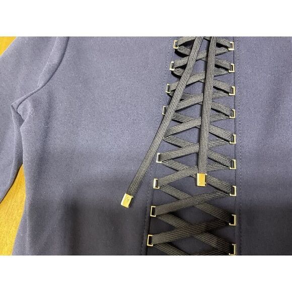 ESCADA Size 36 Deep Sea Navy Three Quarter Sleeve Sheath Lace Up Dress - Picture 12 of 14